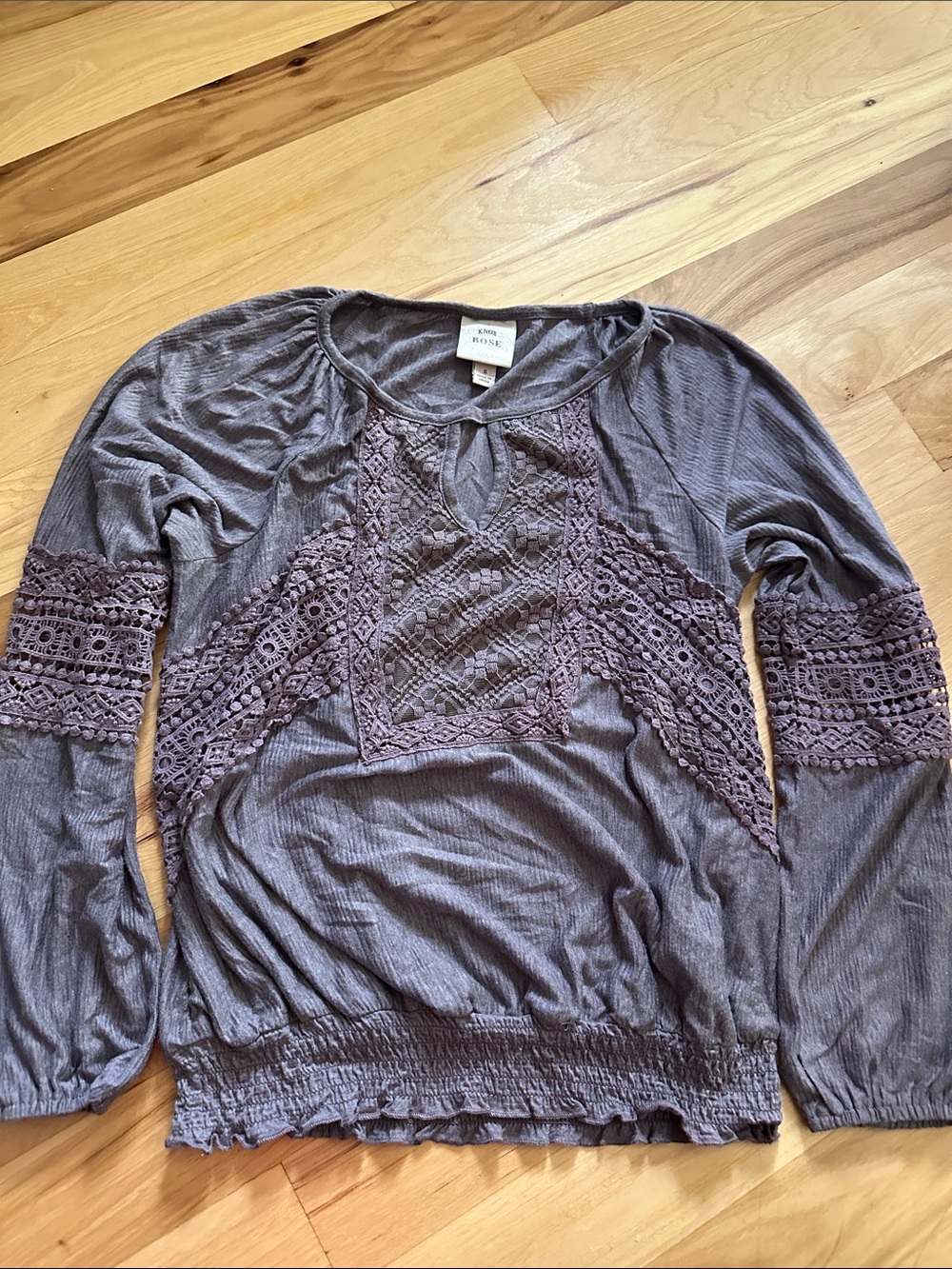Knox Rose Lavender Crochet-Panel Keyhole Blouse